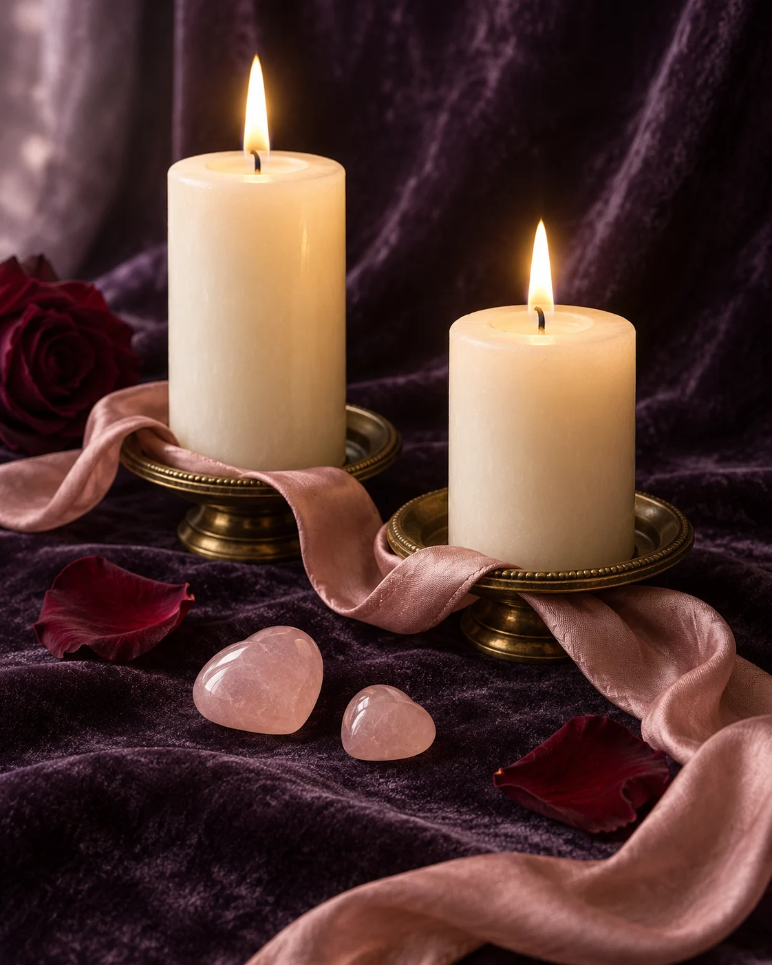 Composición simbólica de dos velas, una cinta rosa y cuarzos sobre terciopelo violeta