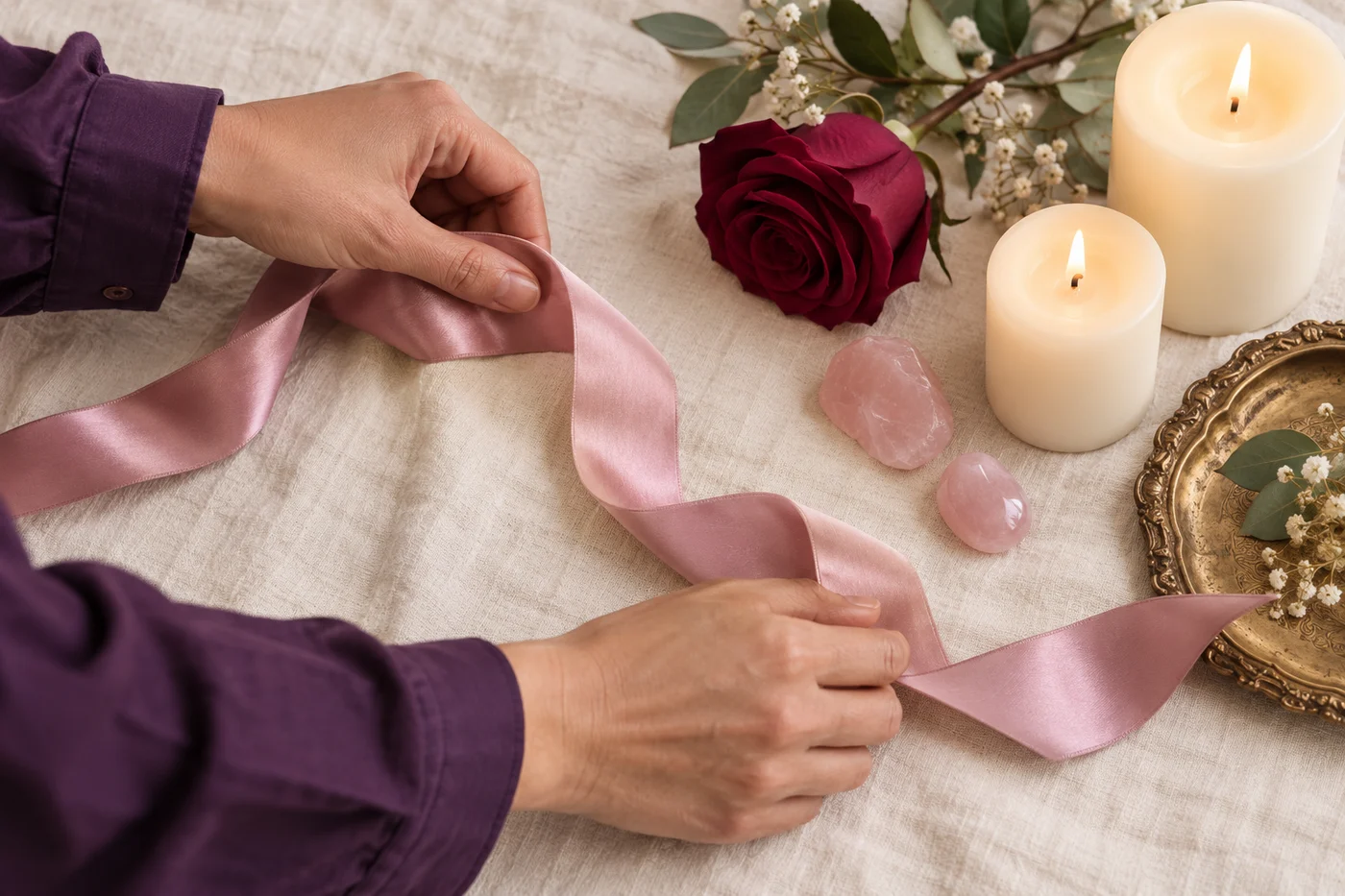 Manos disponiendo una cinta rosa junto a velas, una rosa y cuarzos sobre una tela clara