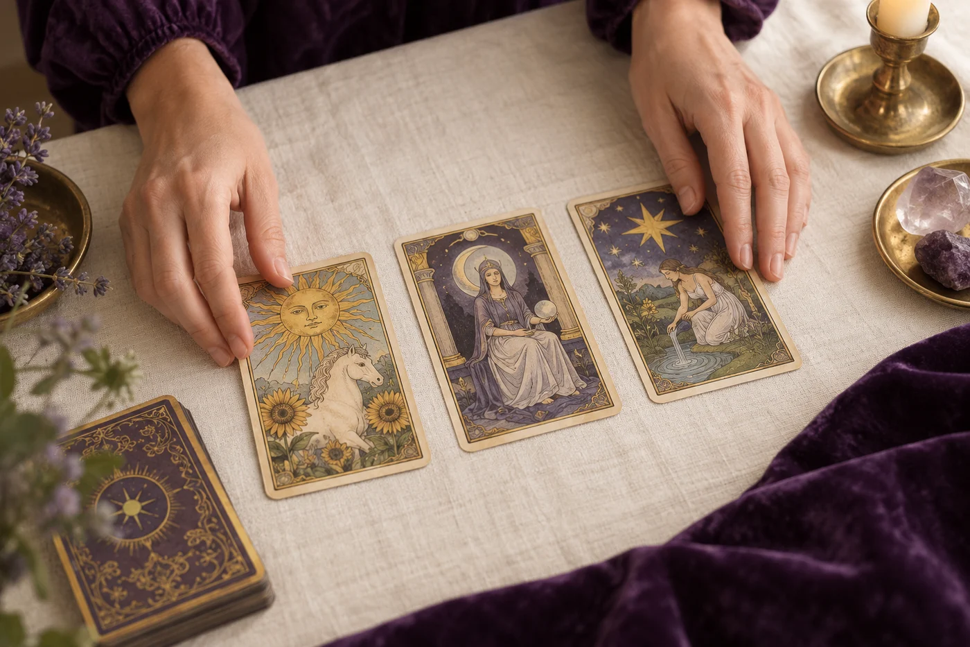 Manos colocando tres cartas de tarot sobre una tela clara