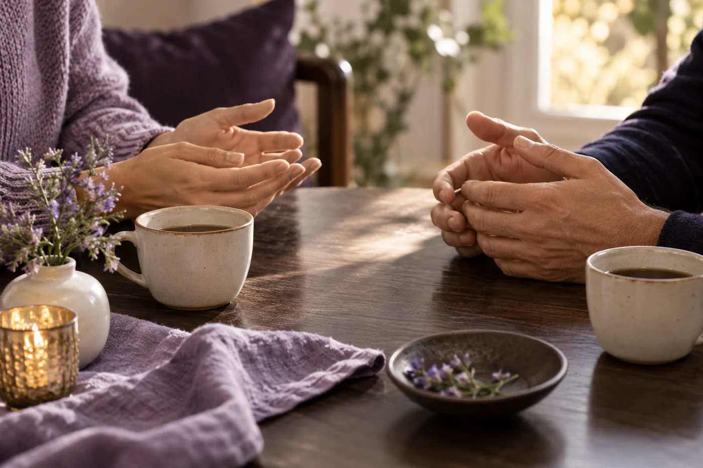 Manos de dos personas conversando frente a frente en una mesa con dos tazas