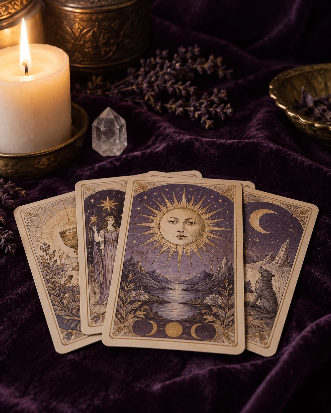 Cartas de tarot sobre terciopelo violeta junto a una vela y un cristal